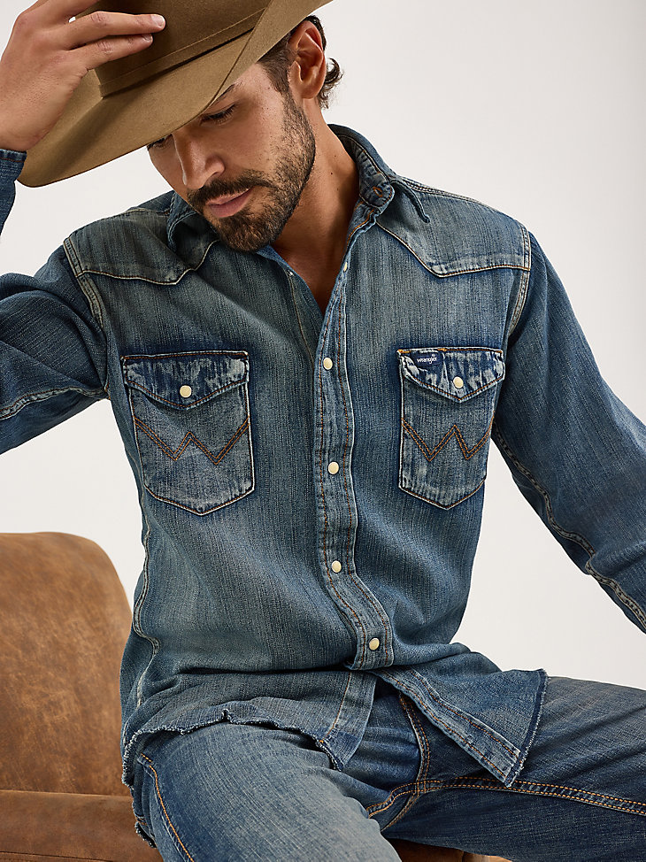 cowboy cut langarm-western-arbeitshemd aus denim mit druckknöpfen antikblau