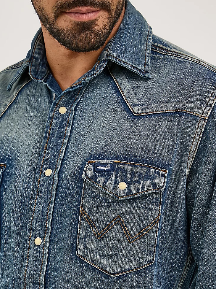 cowboy cut langarm-western-arbeitshemd aus denim mit druckknöpfen antikblau