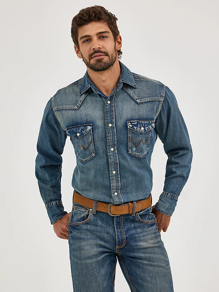 cowboy cut langarm-western-arbeitshemd aus denim mit druckknöpfen antikblau