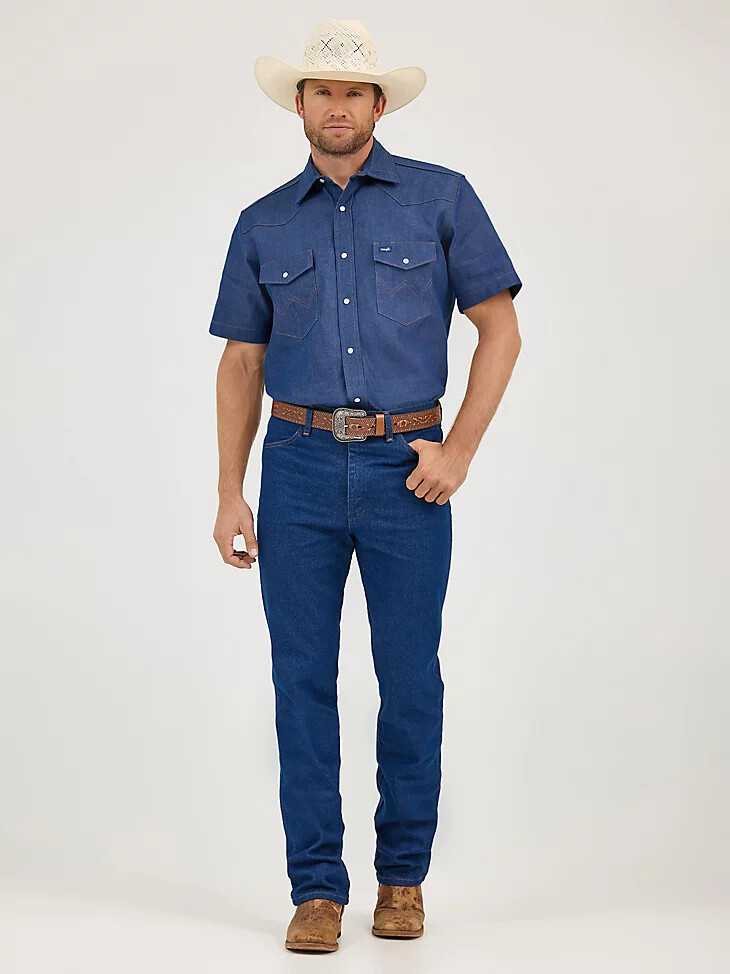 cowboy cut denim kurzarm-arbeitshemd im westernstil mit fester oberfläche farbe rigid indigo