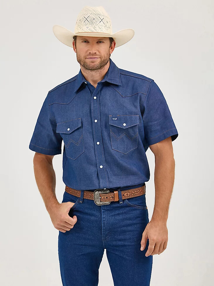 cowboy cut denim kurzarm-arbeitshemd im westernstil mit fester oberfläche farbe rigid indigo