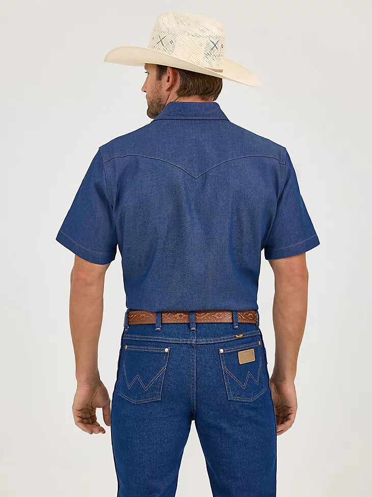 cowboy cut denim kurzarm-arbeitshemd im westernstil mit fester oberfläche farbe rigid indigo
