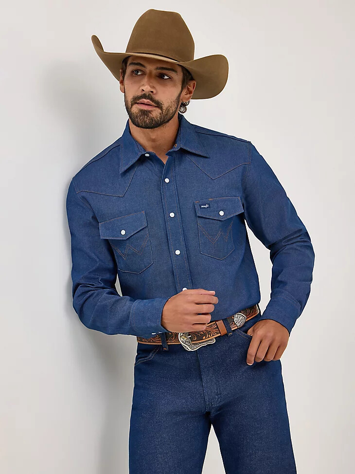 cowboy cut denim western-arbeitshemd mit druckknöpfen fester oberfläche indigo-denim feste oberfläche
