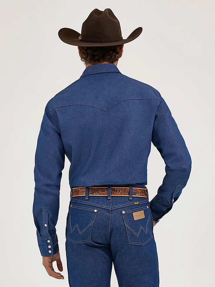 cowboy cut denim western-arbeitshemd mit druckknöpfen fester oberfläche indigo-denim feste oberfläche