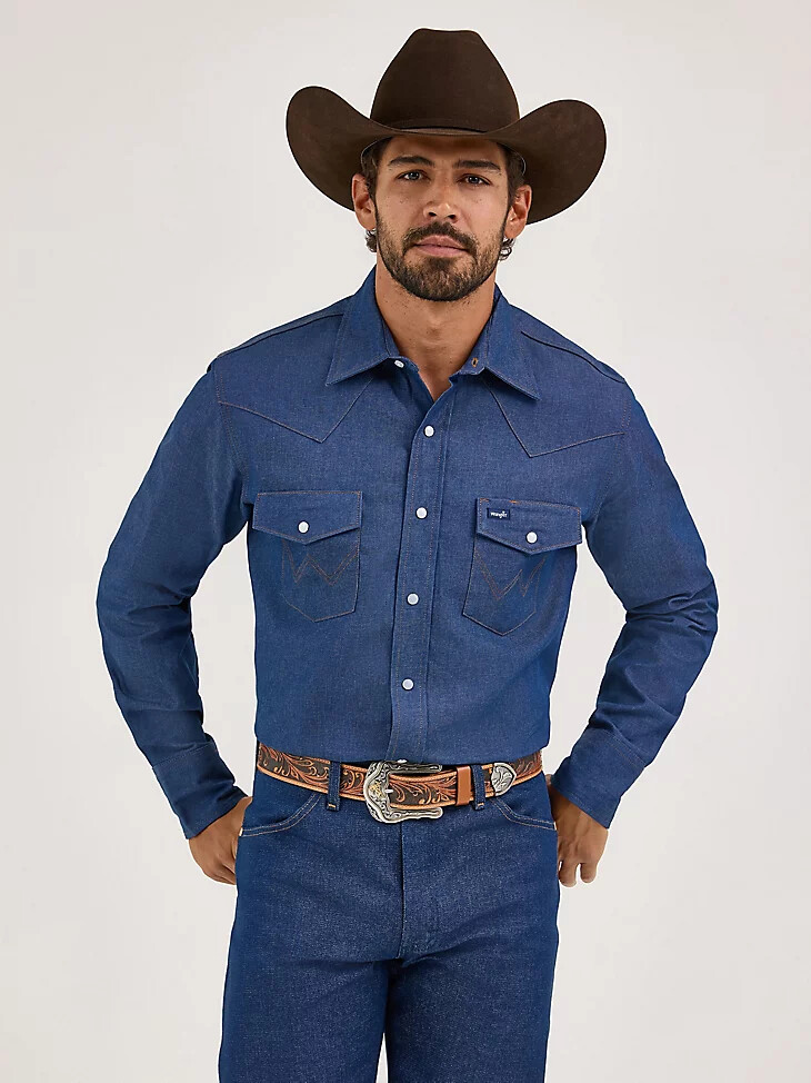 cowboy cut denim western-arbeitshemd mit druckknöpfen fester oberfläche indigo-denim feste oberfläche
