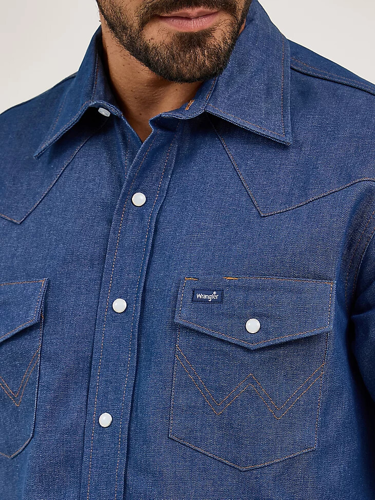 cowboy cut denim western-arbeitshemd mit druckknöpfen fester oberfläche indigo-denim feste oberfläche