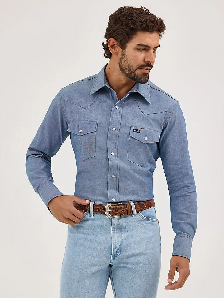 cowboy cut langarm-western-arbeitshemd mit druckknöpfen aus chambray-stoff chambray-blau feste passform