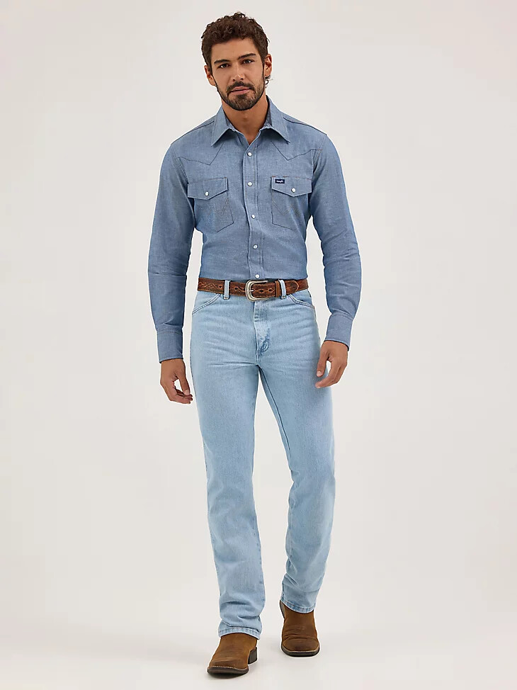 cowboy cut langarm-western-arbeitshemd mit druckknöpfen aus chambray-stoff chambray-blau feste passform