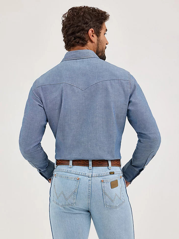 cowboy cut langarm-western-arbeitshemd mit druckknöpfen aus chambray-stoff chambray-blau feste passform