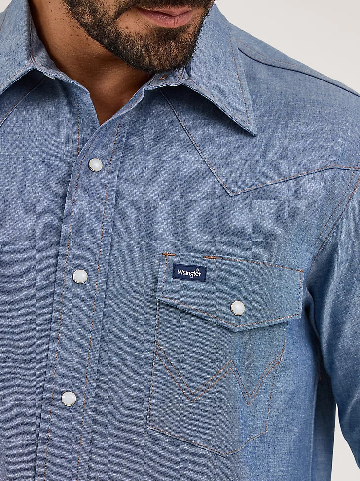 cowboy cut langarm-western-arbeitshemd mit druckknöpfen aus chambray-stoff chambray-blau feste passform