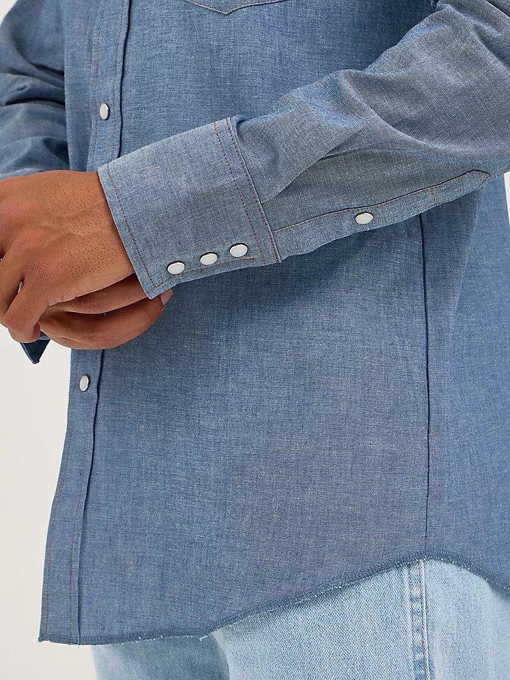 cowboy cut langarm-western-arbeitshemd mit druckknöpfen aus chambray-stoff chambray-blau feste passform