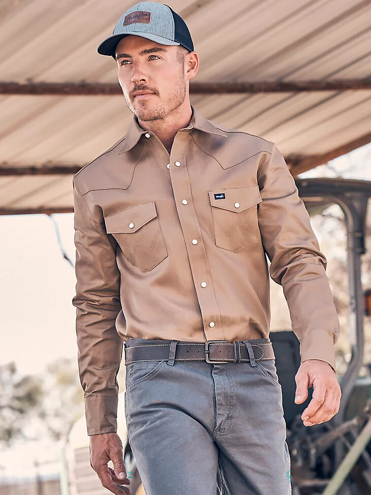 cowboy cut arbeitshemd aus festem twill-knöpfen im westernstil mit druckknöpfen aus rohleder
