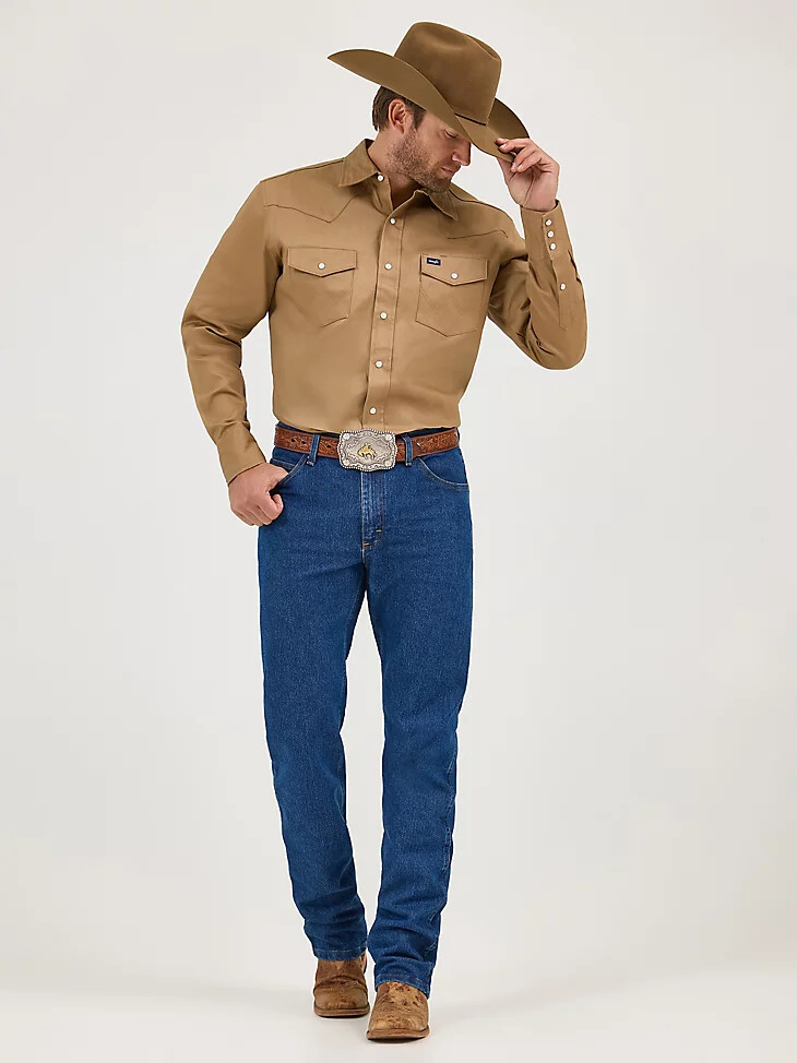 cowboy cut arbeitshemd aus festem twill-knöpfen im westernstil mit druckknöpfen aus rohleder