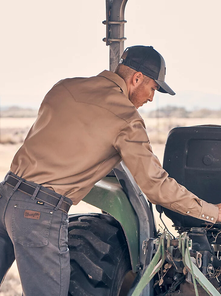 cowboy cut arbeitshemd aus festem twill-knöpfen im westernstil mit druckknöpfen aus rohleder