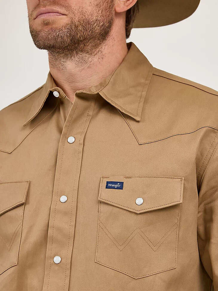 cowboy cut arbeitshemd aus festem twill-knöpfen im westernstil mit druckknöpfen aus rohleder