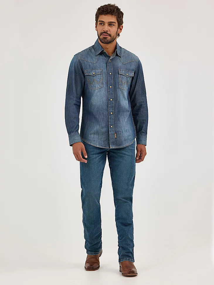 wrangler retro premium langarm-jeanshemd im western-stil mit druckknöpfen für herren blau