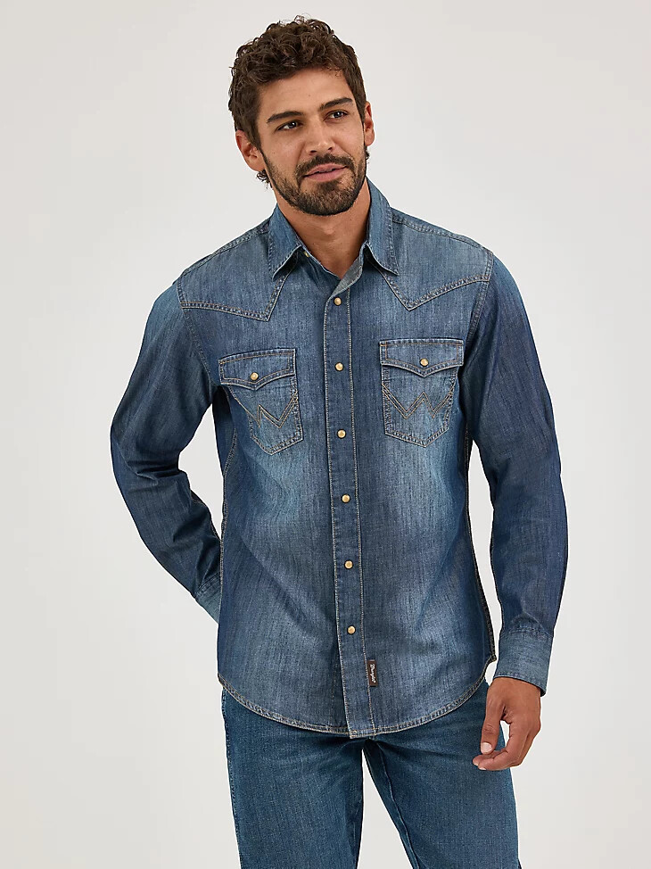 wrangler retro premium langarm-jeanshemd im western-stil mit druckknöpfen für herren blau