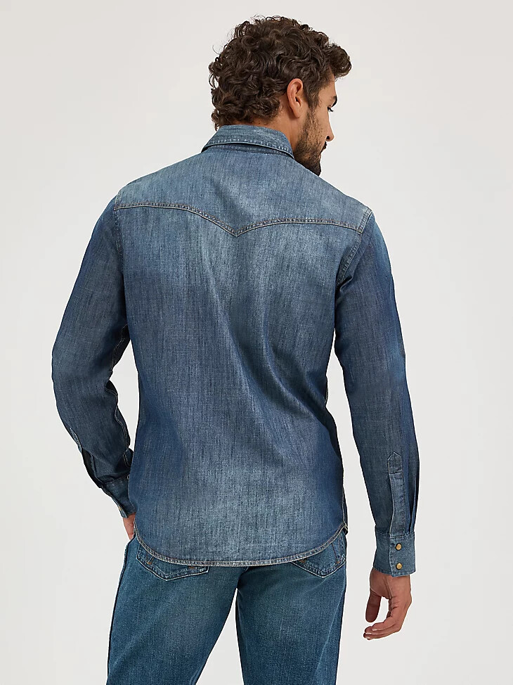 wrangler retro premium langarm-jeanshemd im western-stil mit druckknöpfen für herren blau