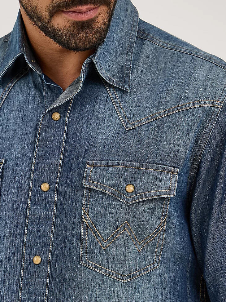 wrangler retro premium langarm-jeanshemd im western-stil mit druckknöpfen für herren blau