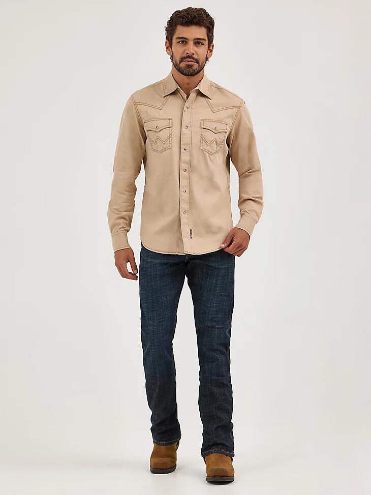 wrangler retro premium herren-westernhemd aus pigmentgefärbtem twill mit druckknöpfen hellbraun