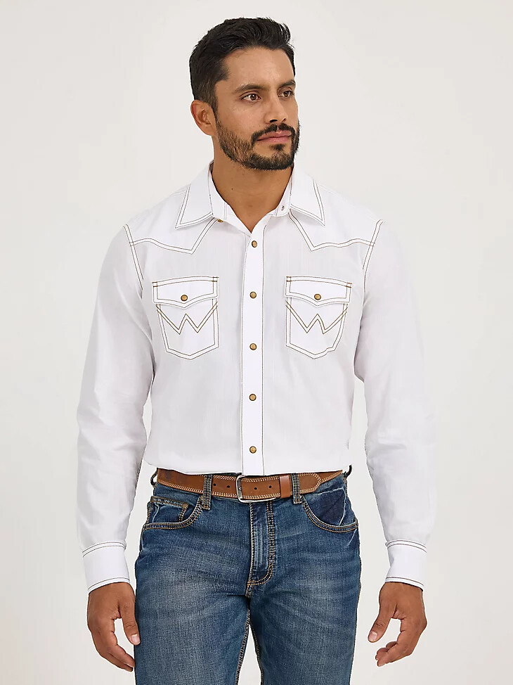 wrangler retro herren langarm westernhemd mit druckknöpfen einfarbiges dobby-hemd weiß