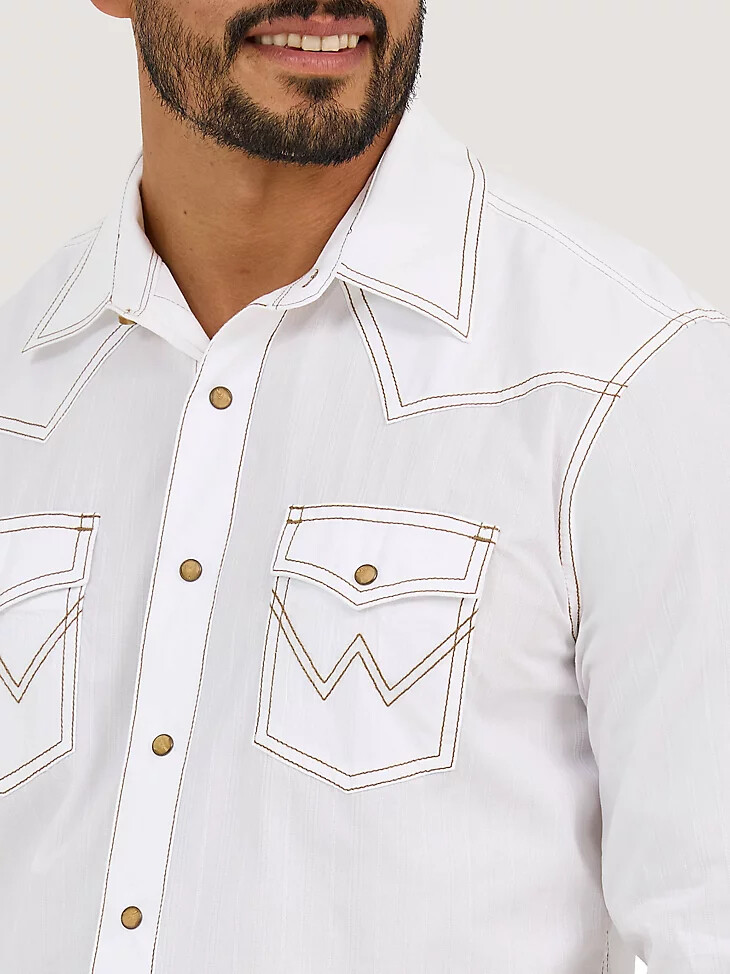 wrangler retro herren langarm westernhemd mit druckknöpfen einfarbiges dobby-hemd weiß