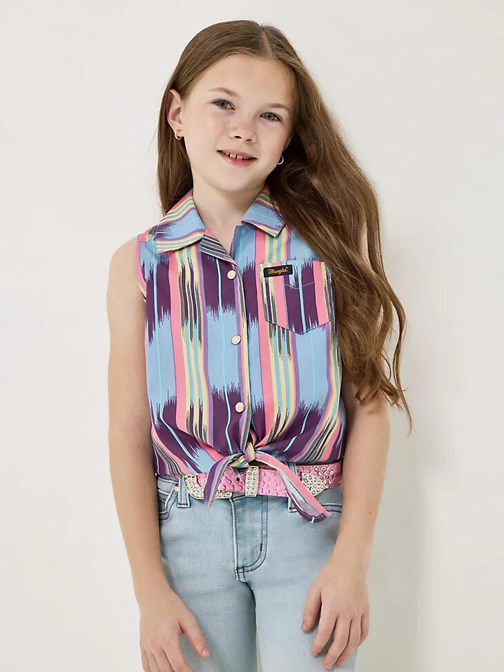 mädchen-shirt von wrangler x lainey wilson ärmellos mit bindeband und druckknöpfen vorne sommer-checotah