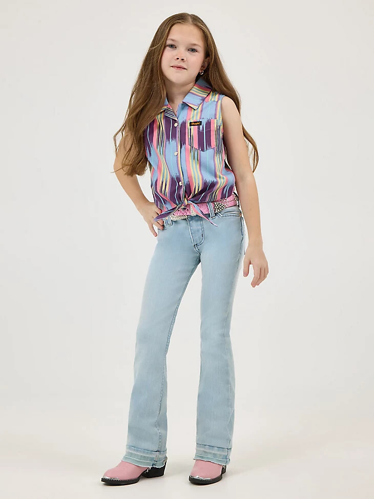 mädchen-shirt von wrangler x lainey wilson ärmellos mit bindeband und druckknöpfen vorne sommer-checotah