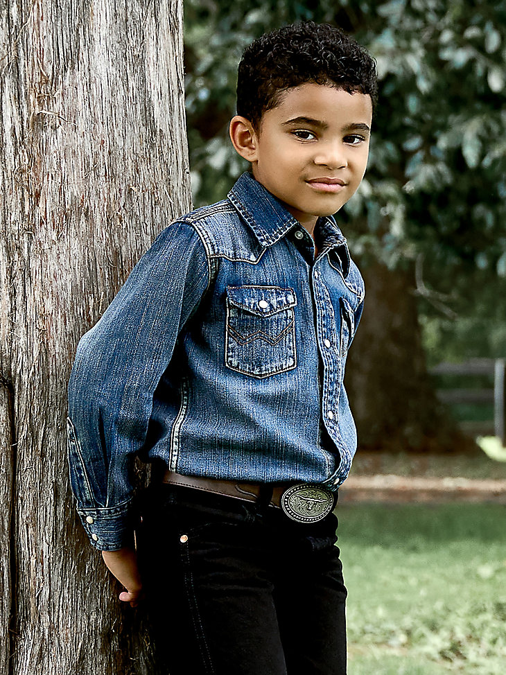 boys cowboy cut langarm-arbeitshemd aus denim mit druckknöpfen im western-stil antikblau