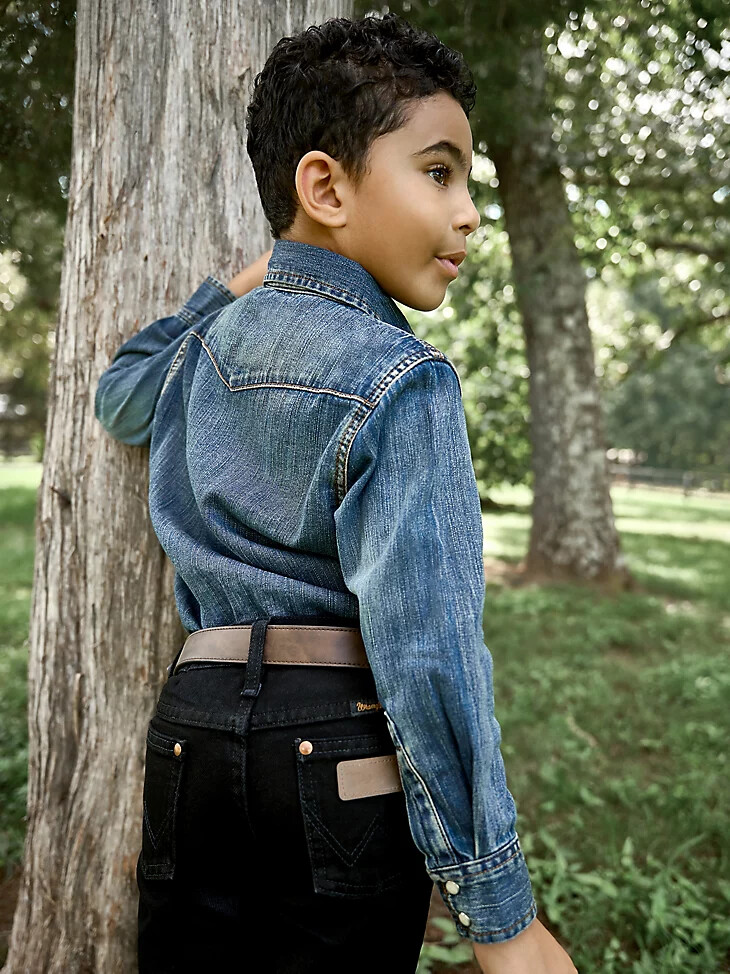 boys cowboy cut langarm-arbeitshemd aus denim mit druckknöpfen im western-stil antikblau