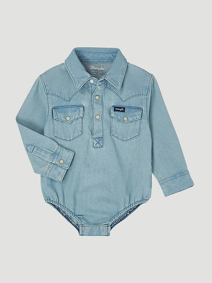 baby-jungen-denimbody mit langen Ärmeln und western-druckknopfleiste verwaschenes blau