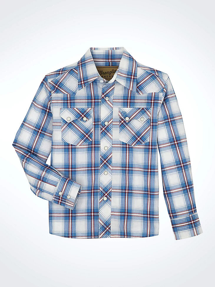 wrangler retro westernhemd für jungen mit druckknöpfen kariertem muster und sägezahntaschen vorne küstenblau