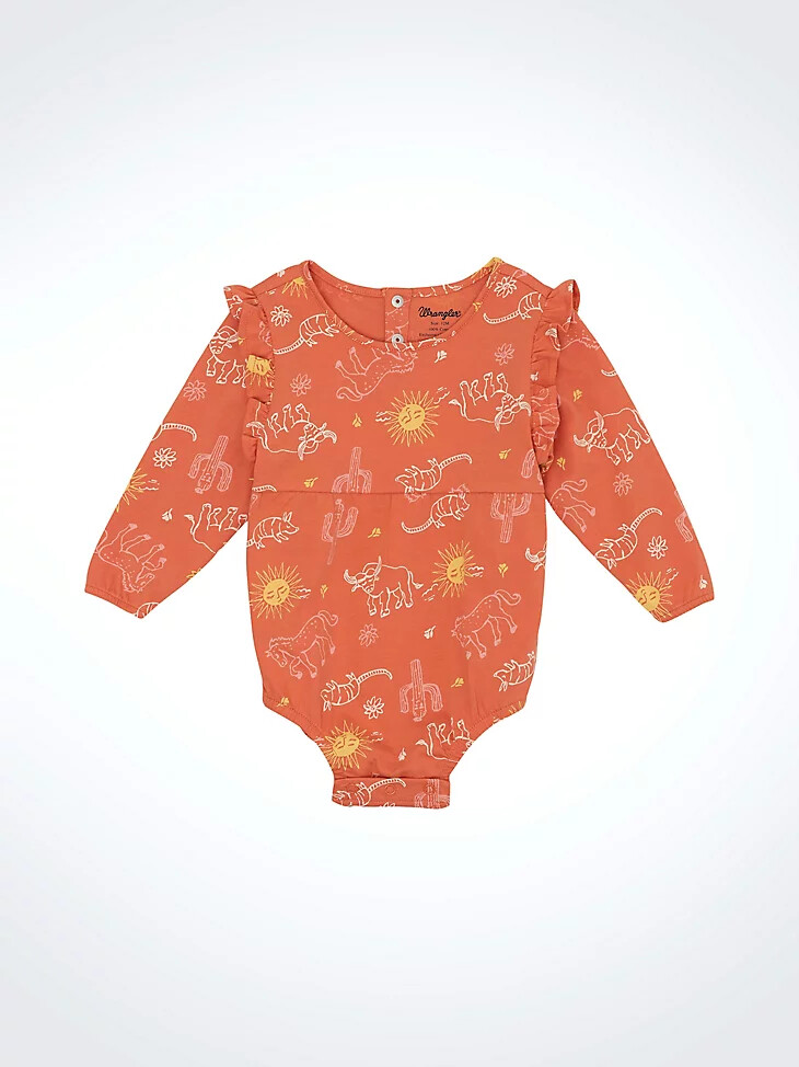 baby-mädchen-body mit rüschen an den schultern koralle