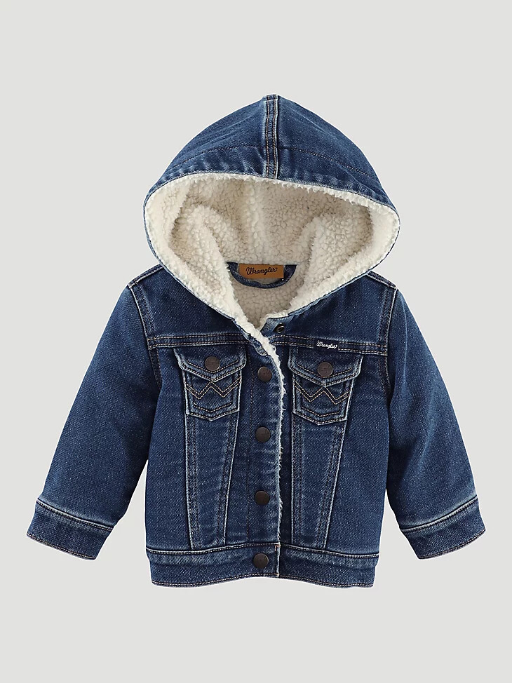 mädchen-jeansjacke mit sherpa-futter und kapuze blauer denim
