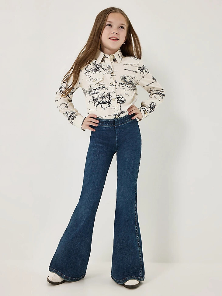 wrangler x lainey wilson schlaghosen für mädchen dunkelblaue denim-waschung