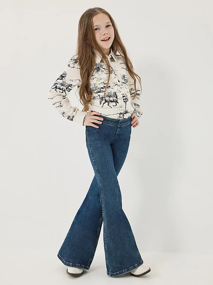 wrangler x lainey wilson schlaghosen für mädchen dunkelblaue denim-waschung