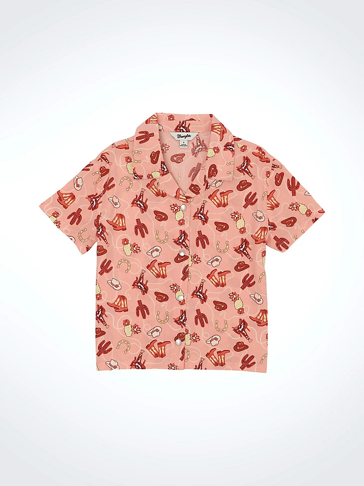 mädchen-camp-shirt mit westernprint rosa