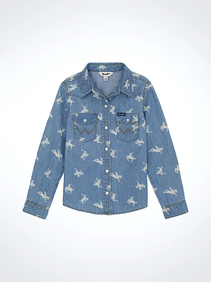mädchen-jeanshemd im western-stil mit print und druckknöpfen blau