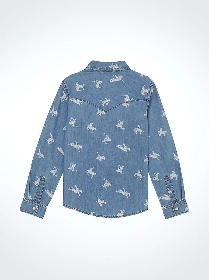 mädchen-jeanshemd im western-stil mit print und druckknöpfen blau