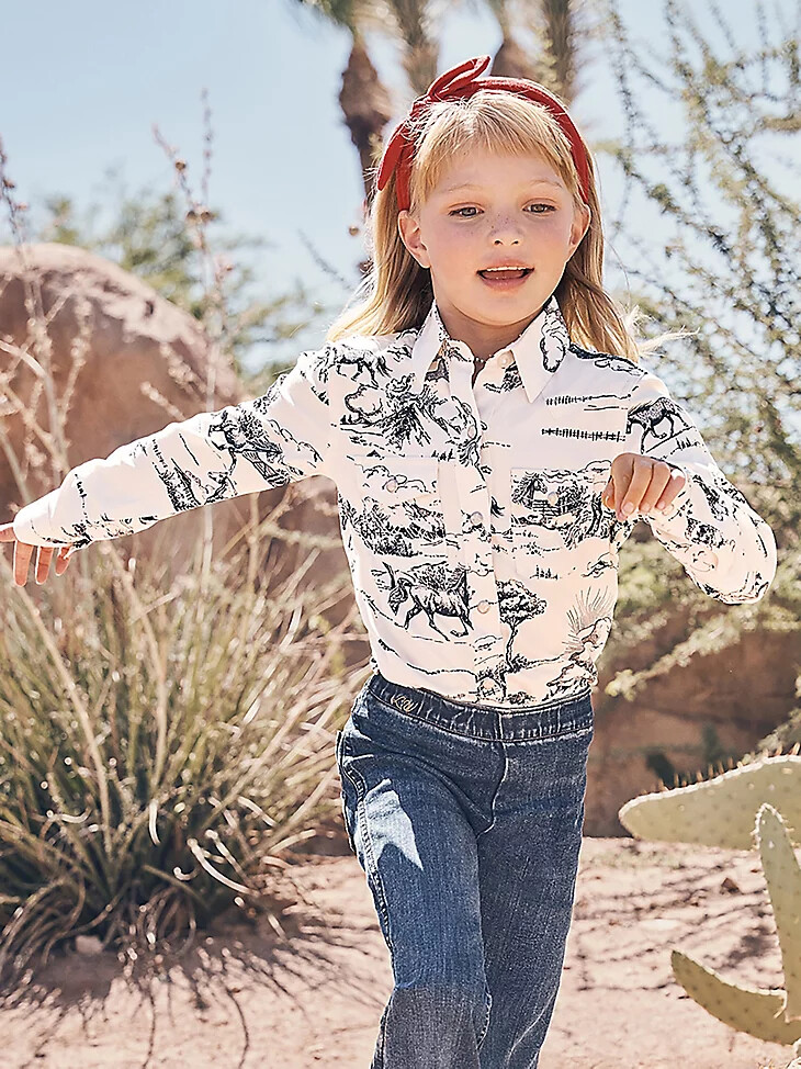 mädchenhemd wrangler x lainey wilson country toile western-druckknopfleiste landschaftsdruck