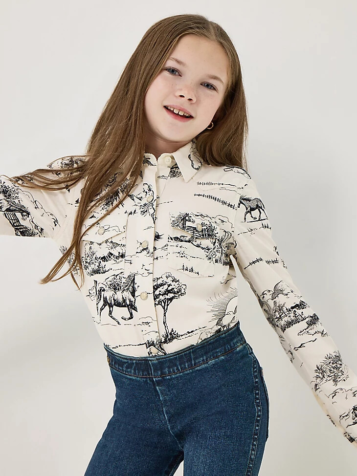 mädchenhemd wrangler x lainey wilson country toile western-druckknopfleiste landschaftsdruck