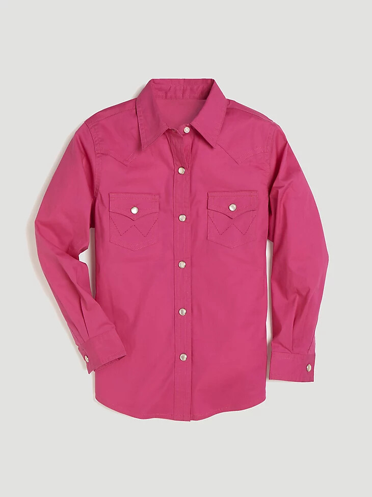 mädchen langarm-westernhemd mit druckknöpfen einfarbig rosa
