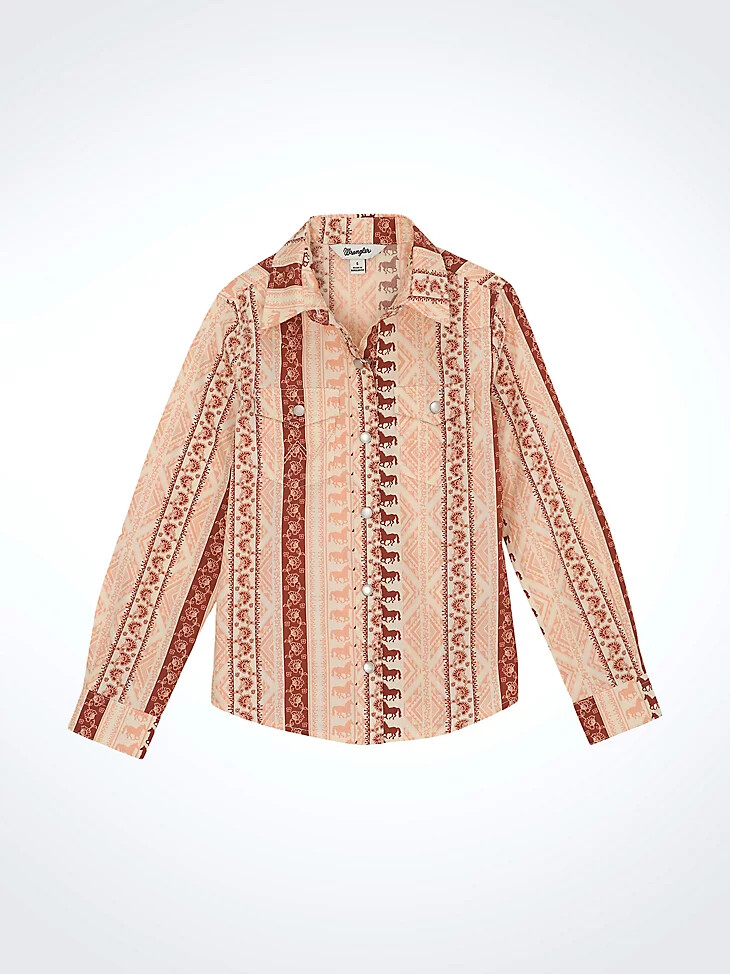 mädchen langarmshirt mit geometrischem western-print und druckknöpfen rosa