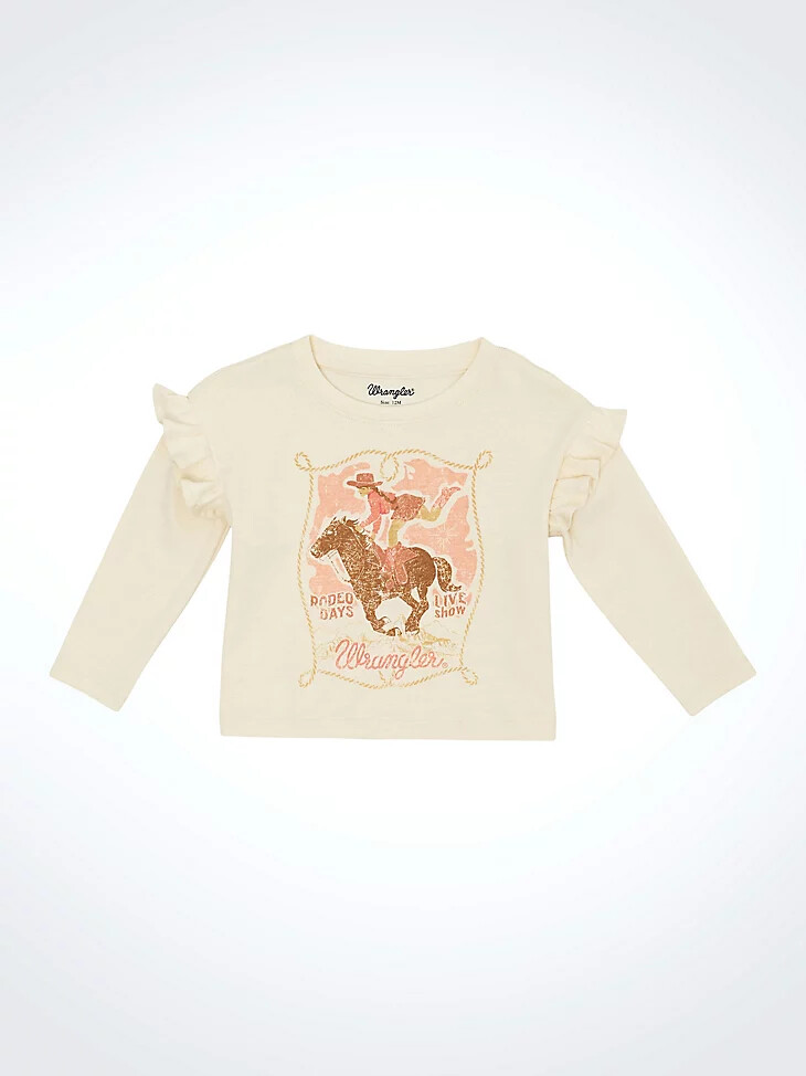 langarm-t-shirt mit rüschen an den schultern und grafikprint für kleine mädchen weiß