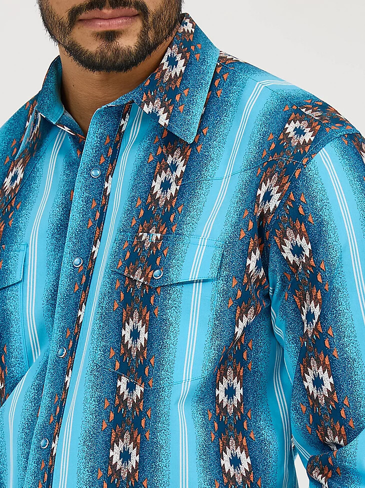 checotah herren langarm-westernhemd mit druckknöpfen und print in meersalzblau